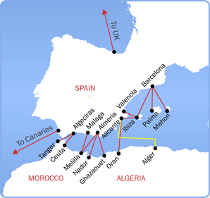 Ferries to Spain map